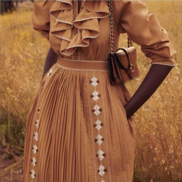 Ulla Johnson Dresses & Skirts - Ulla Johnson Midi Pleated Brown Sabina Embroidered Skirt 0 NWT